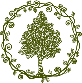 Handgezeichnetes Logo mit rankenumringtem Birkenbaum